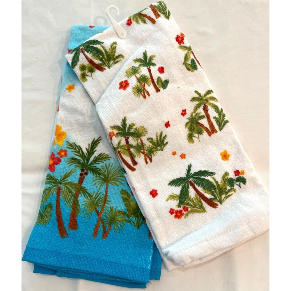 Kitchen Hand Towels Set Blue White Terry Tea Summer Tropical Palm Tree Sunset - Picture 2 of 7
